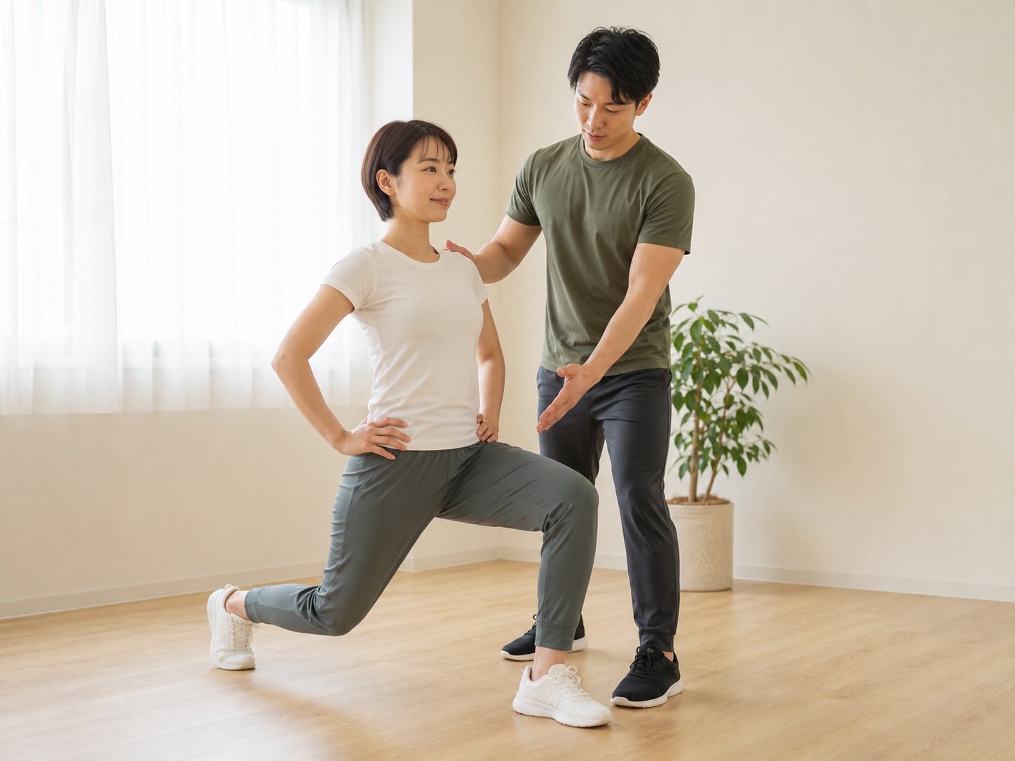 トレーナーがマンツーマンで基礎的な運動を指導する様子