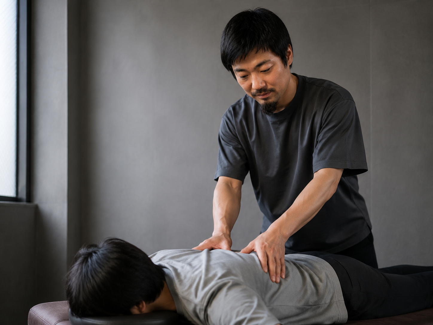トレーナーが利用者の背中と肩をケアしている様子